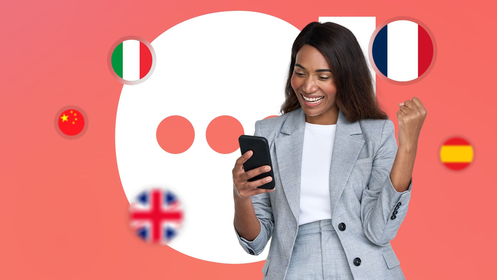 Smiling woman looking at a smartphone, with multiple national flag icons around her.
