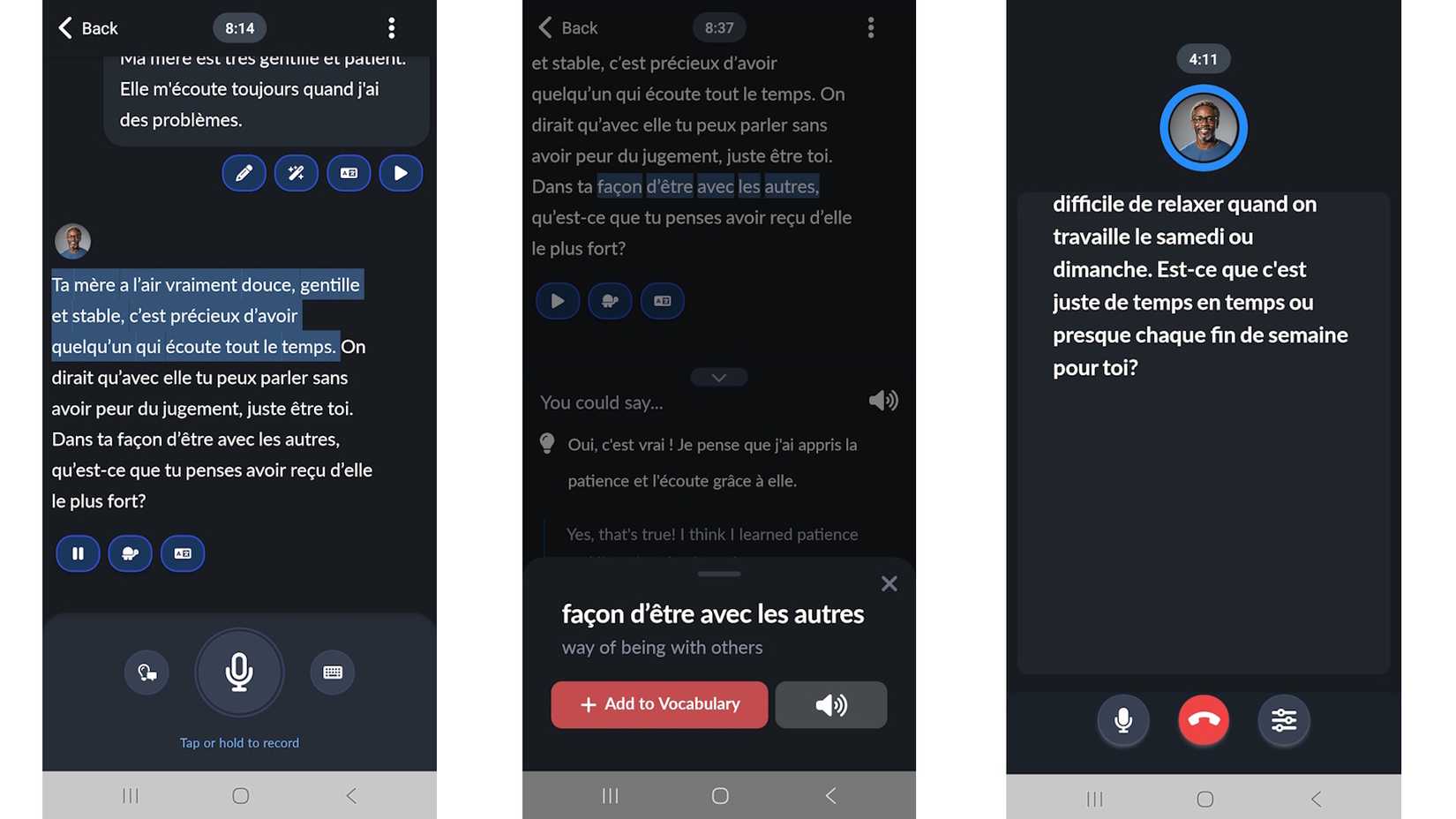 tre immagini che mostrano l'interfaccia dell'app languatalk con l'intelligenza artificiale affiancata