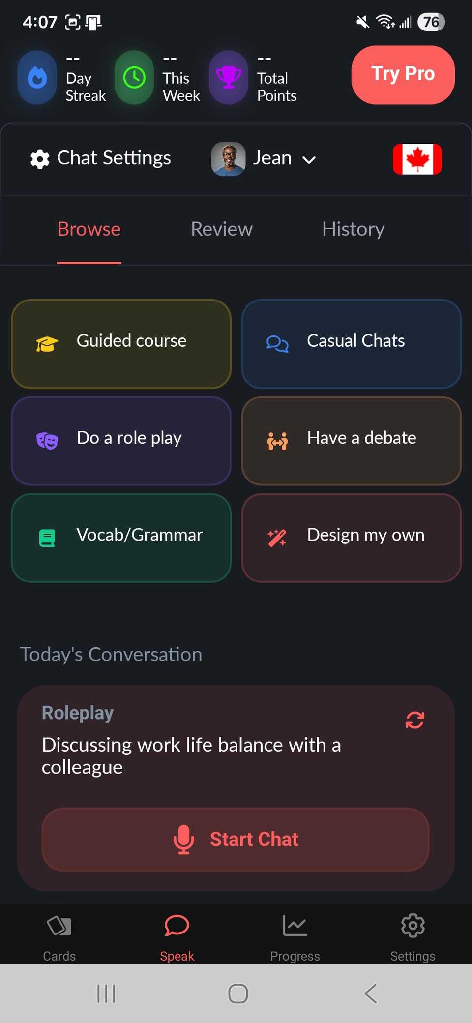 Pagina dell'oratore Languatalk per personalizzare le impostazioni della chat e cambiare l'oratore