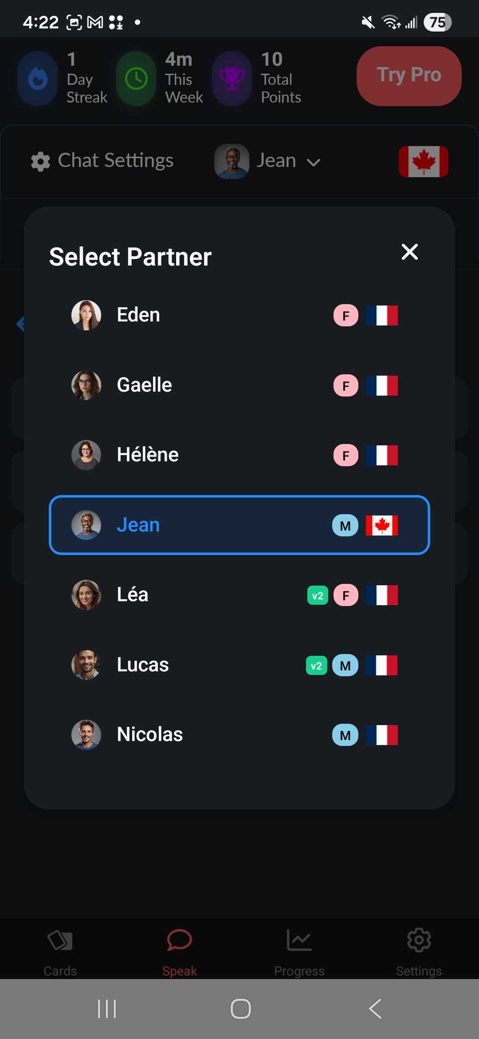 selezionando un nuovo partner per la pratica del relatore nell'app Languatalk dal menu a discesa