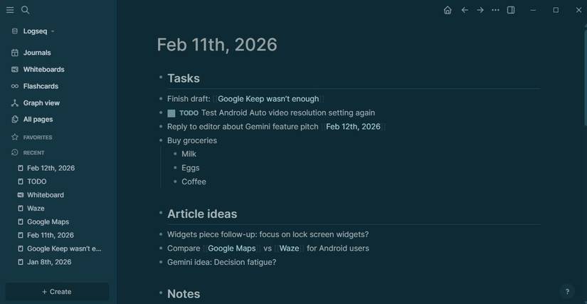 Captura de tela mostrando uma nota diária no Logseq