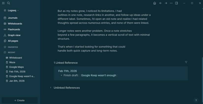 Captura de tela mostrando notas vinculadas no Logseq