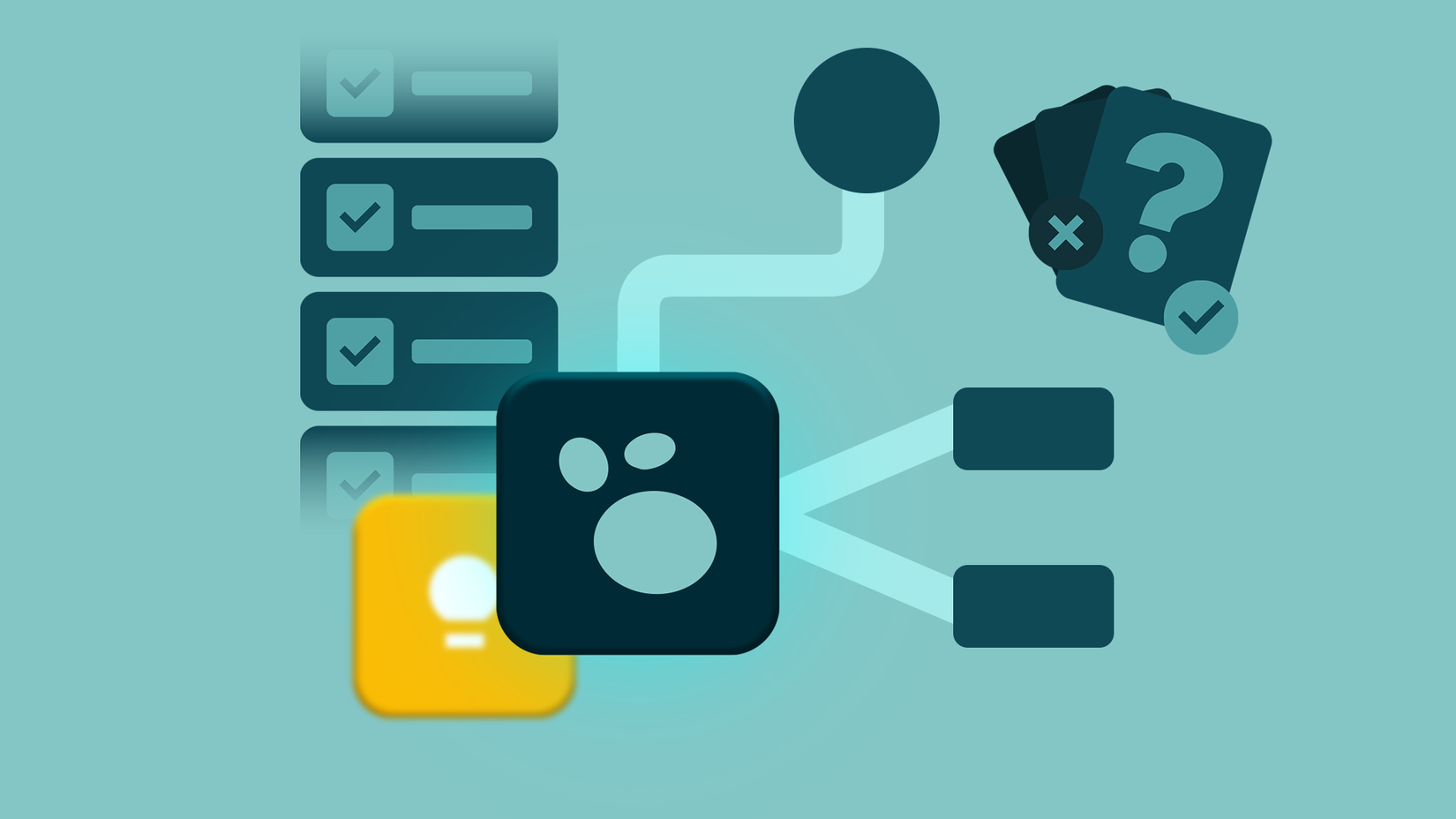 Logotipo Logseq na frente do logotipo do Google Keep, com listas de verificação, um fluxograma e flashcards ao redor