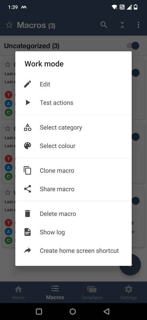 Screenshot che mostra l'opzione Crea collegamento alla schermata iniziale in MacroDroid