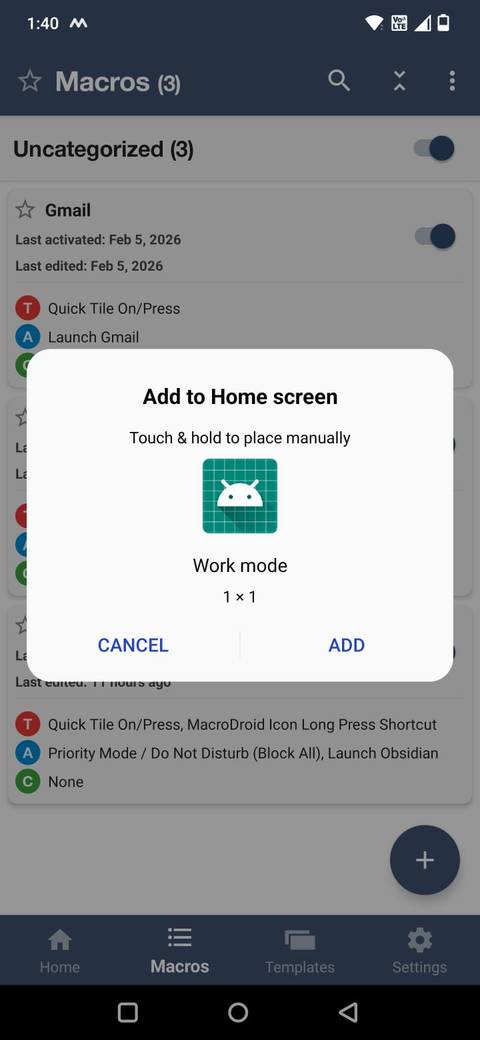 Screenshot che mostra l'opzione Aggiungi alla schermata iniziale in MacroDroid