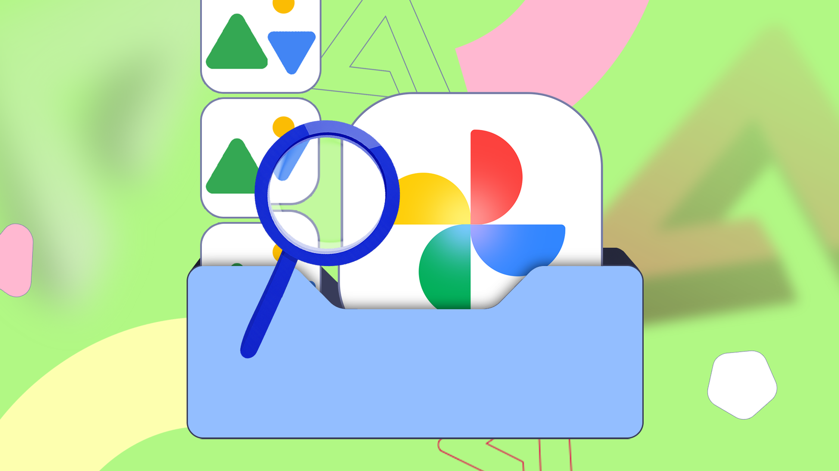 Lupa inspecionando uma pasta azul contendo o ícone do Google Fotos