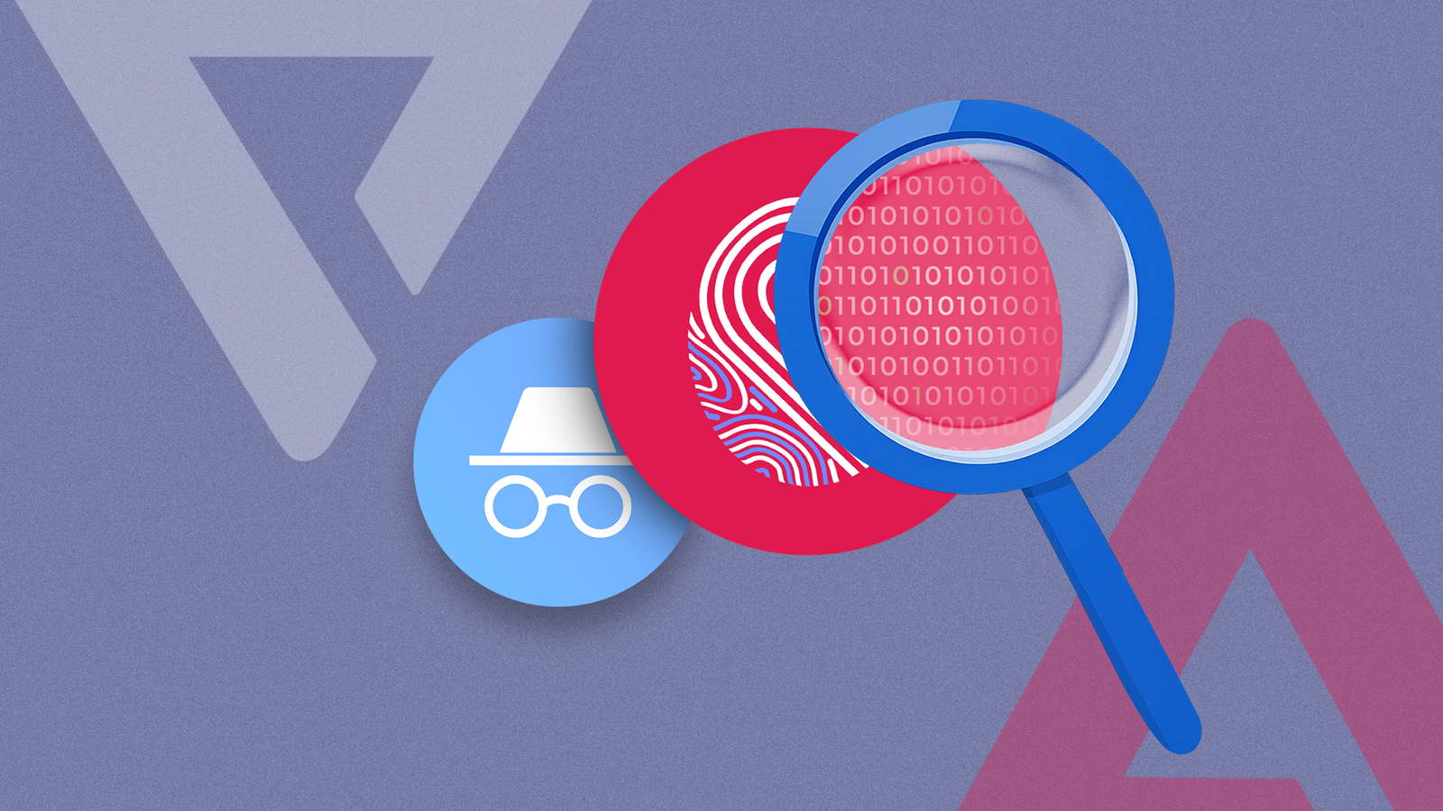 Magnifying glass revealing binary code inside a fingerprint next to the Incognito mode icon.