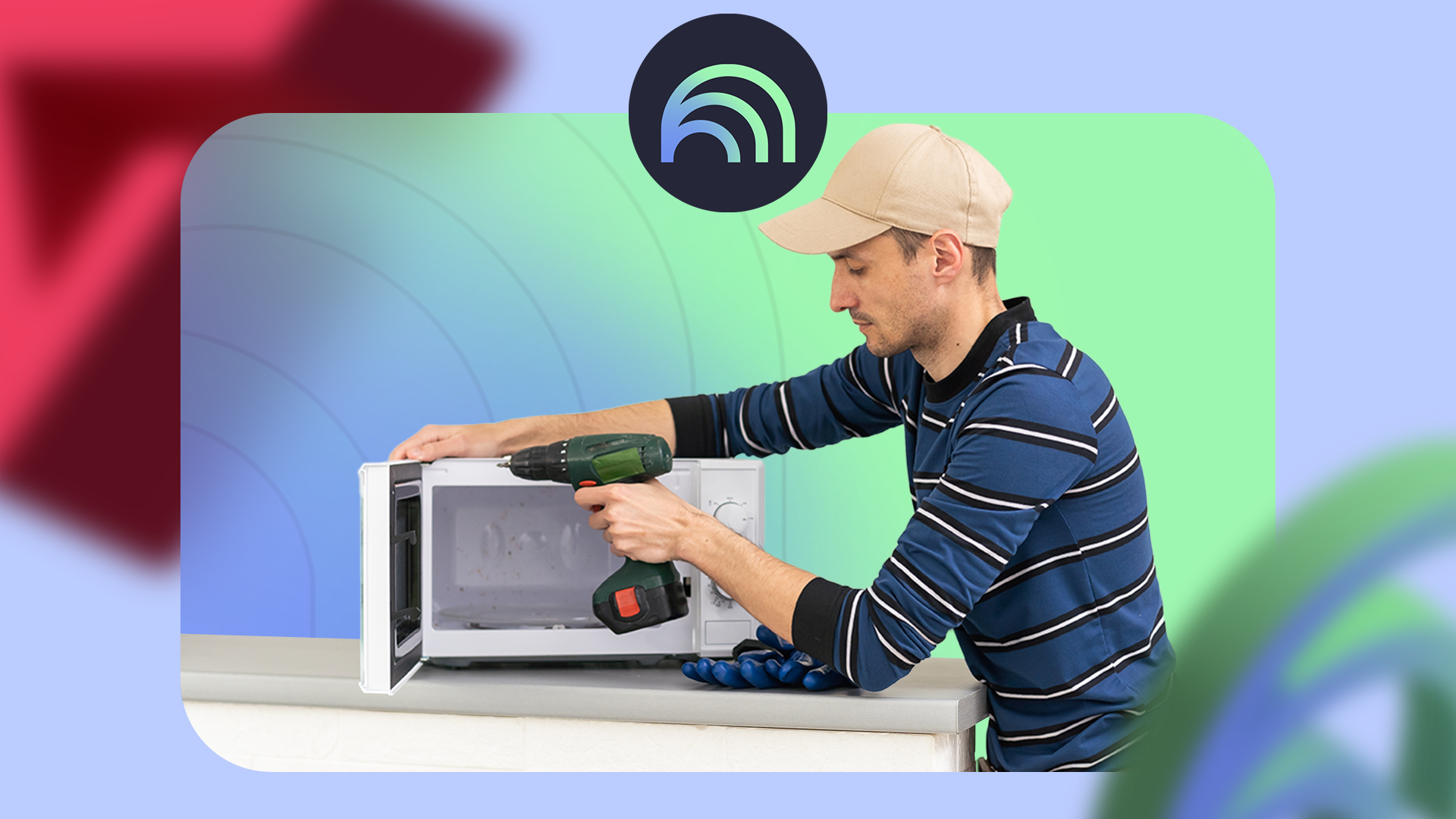 Man repairing a microwave with a drill under the NotebookLM logo.