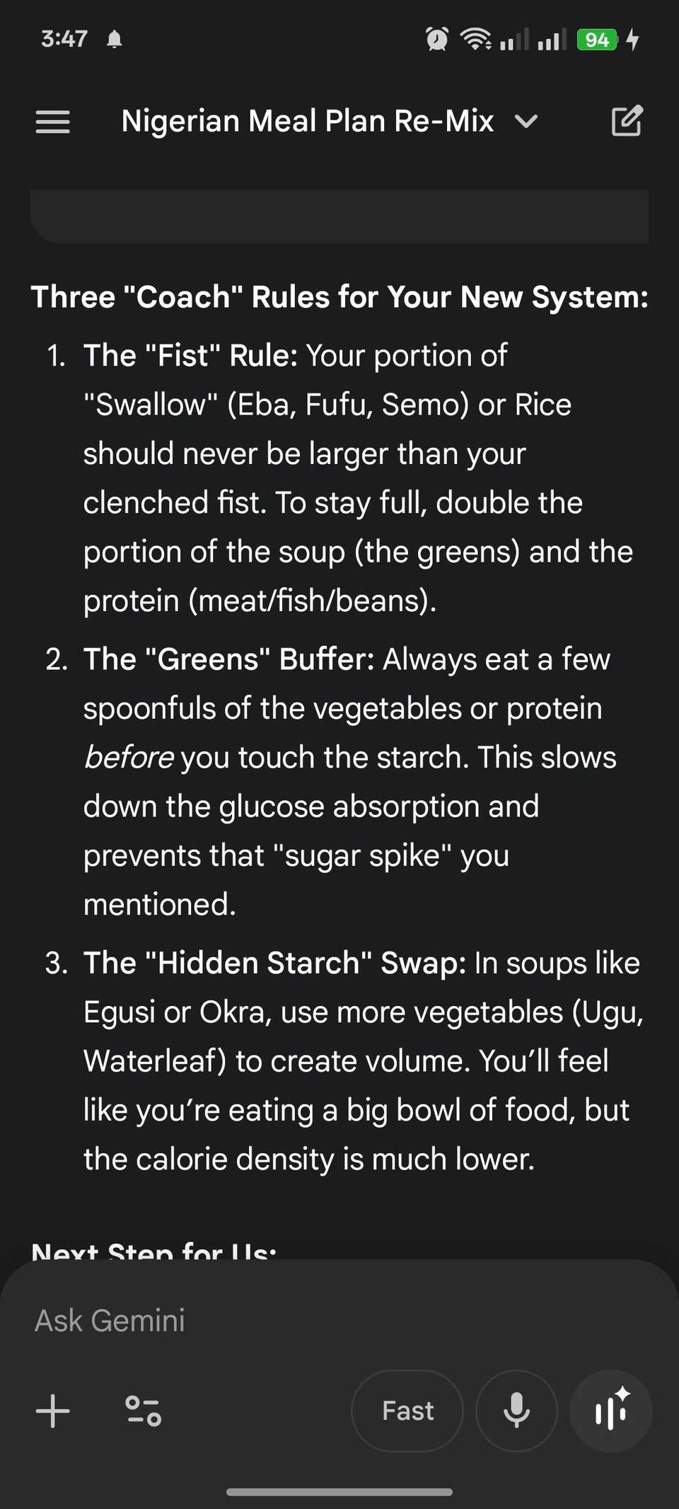 Gemini fornisce regole e suggerimenti per i pasti all'utente dopo aver generato un orario di 7 giorni