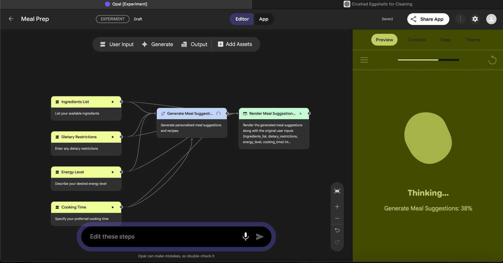 Fluxograma de criação de aplicativo de preparação de refeições na ferramenta Google Experimental Opal AI