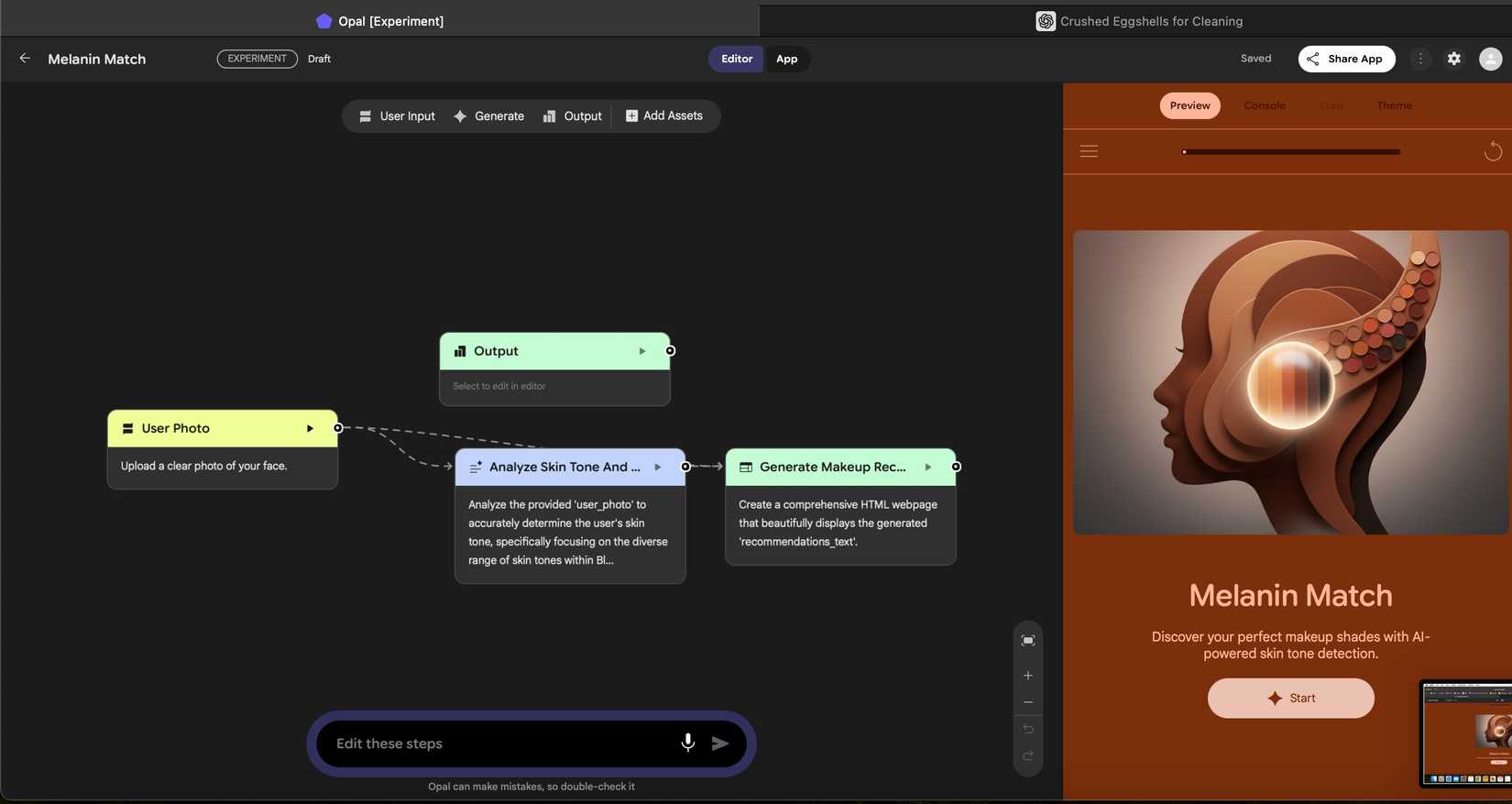Interface da web Opal mostrando aplicativo de beleza gerado por usuário sem código
