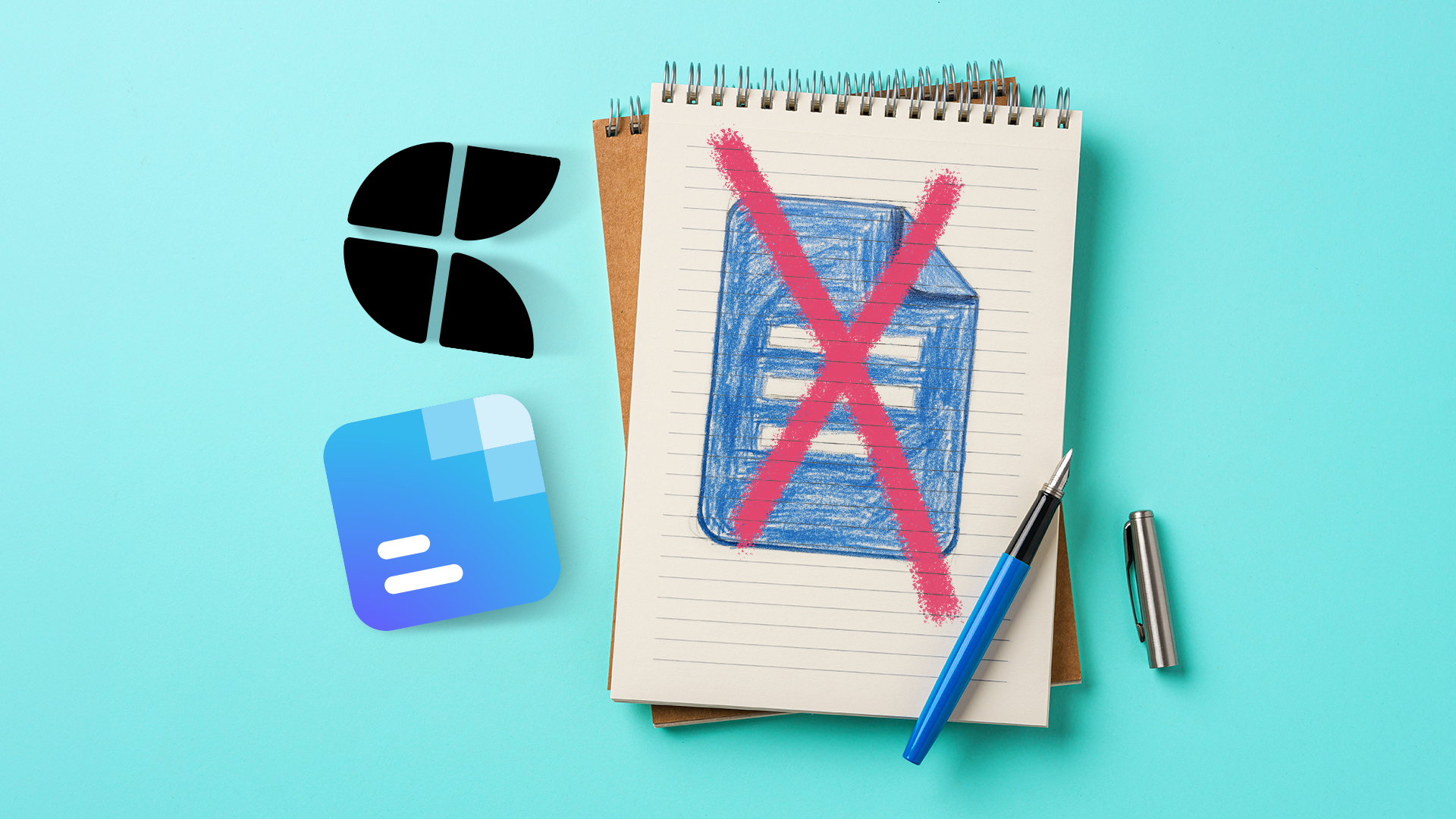 Notebook with a crossed-out sketch of the Google Docs logo, next to Craft and Proton Docs icons.