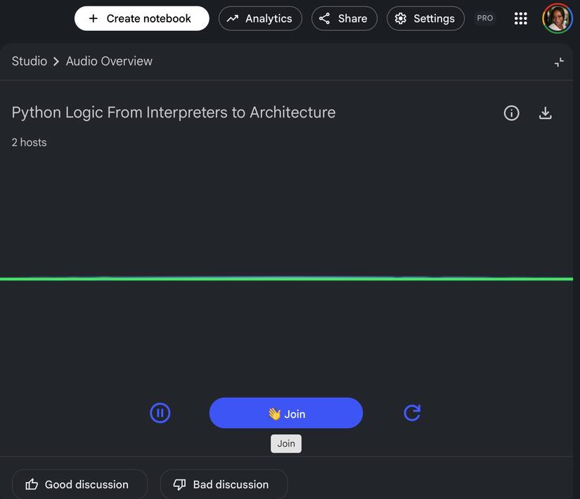 Interfaccia web NotebookLM che mostra la modalità Panoramica audio attiva 