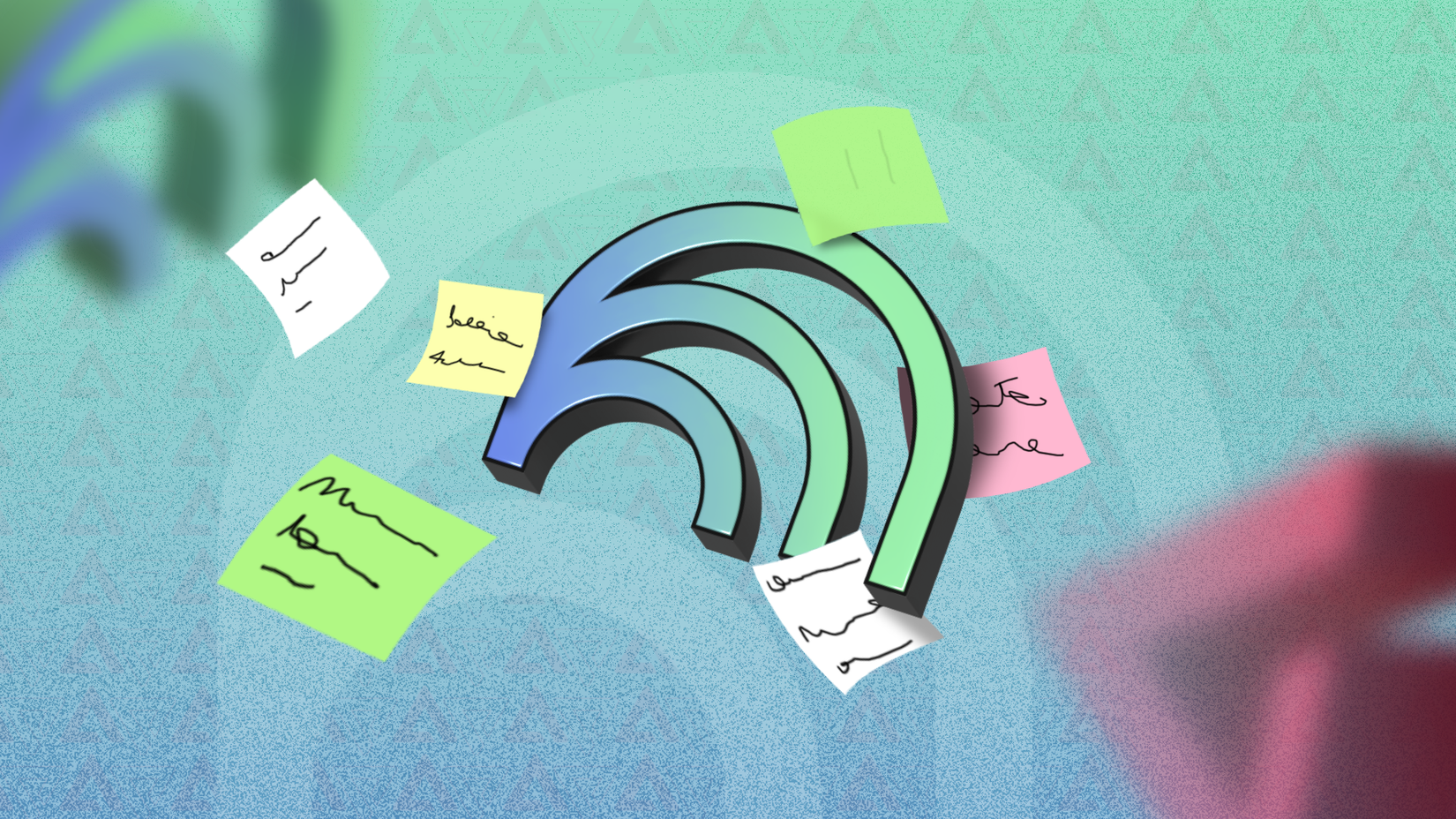 Logotipo NotebookLM cercado por notas adesivas flutuantes e pedaços de papel.