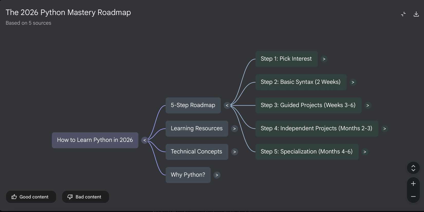 Grafico della mappa virtuale con rami che mostrano il percorso di apprendimento della programmazione dell'utente su NotebookLM