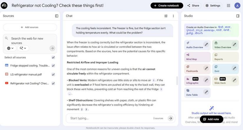 Screenshot che mostra una richiesta per i passaggi di riparazione del frigorifero in NotebookLM