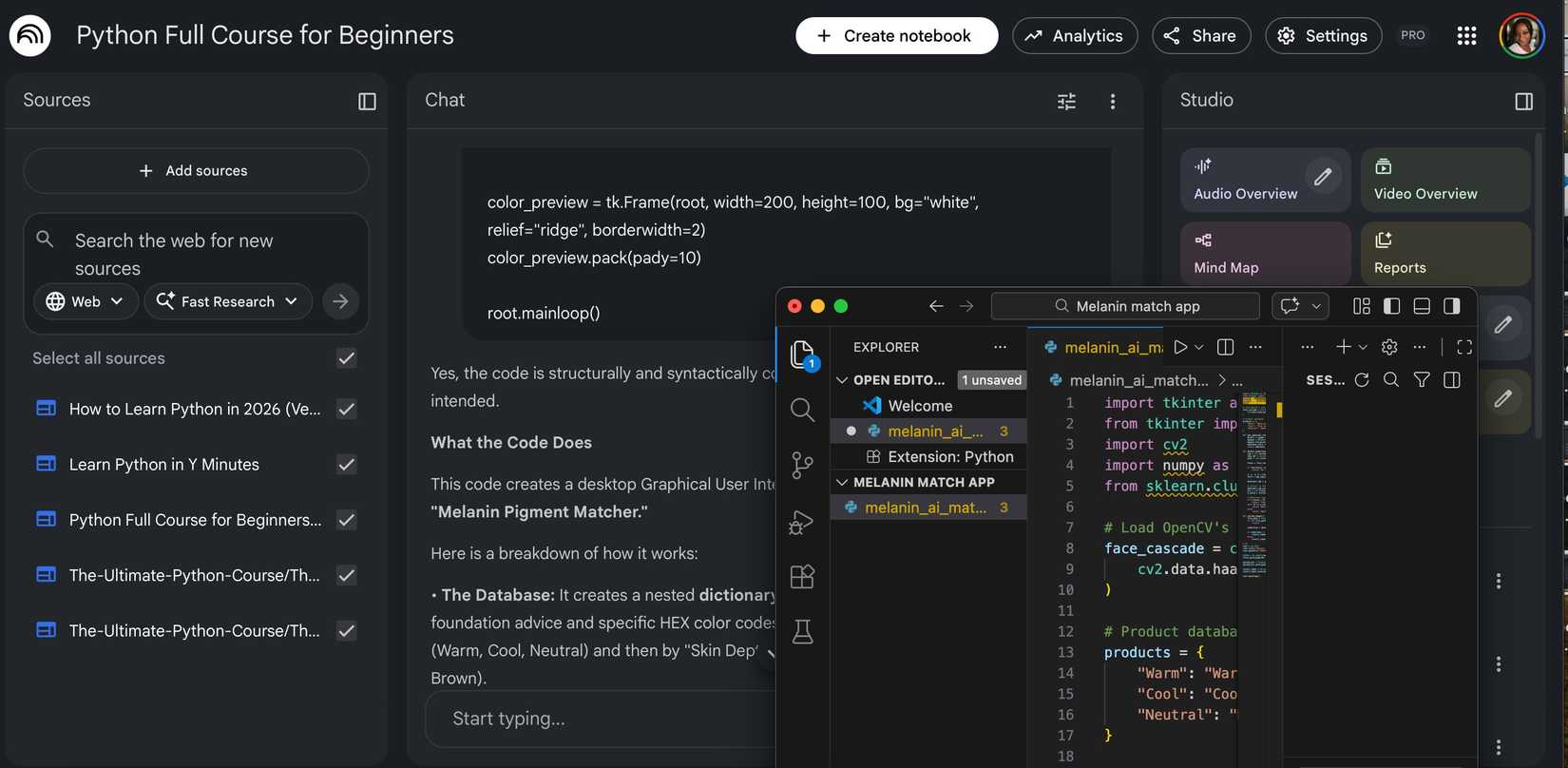 Schermo del computer che mostra due schede aperte per NotebookLM e Visual Code Studio