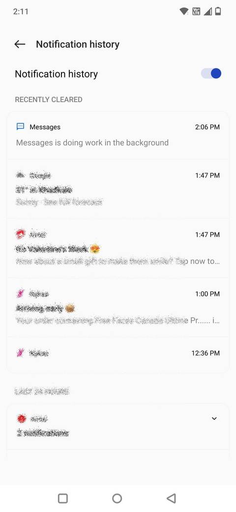 Screenshot che mostra l'attivazione/disattivazione della cronologia delle notifiche