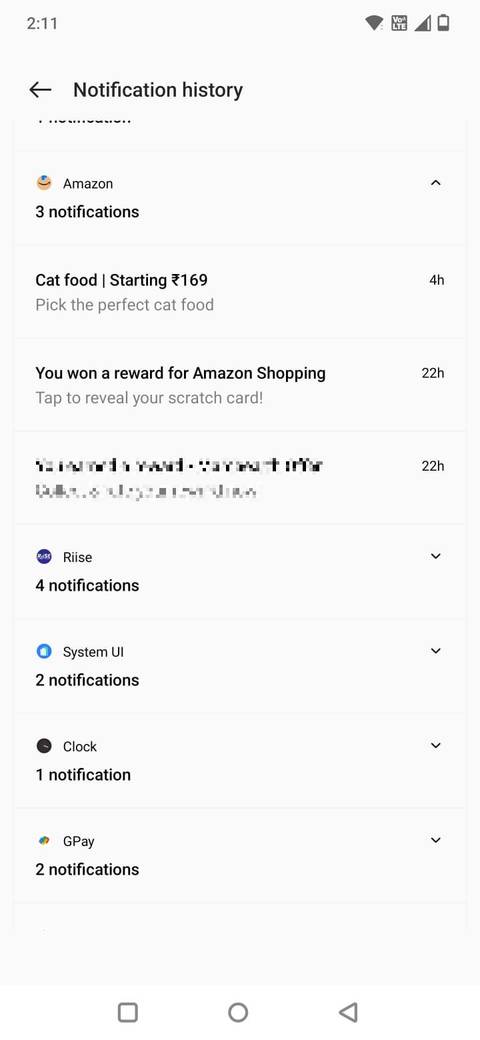 Screenshot che mostra il registro della cronologia delle notifiche