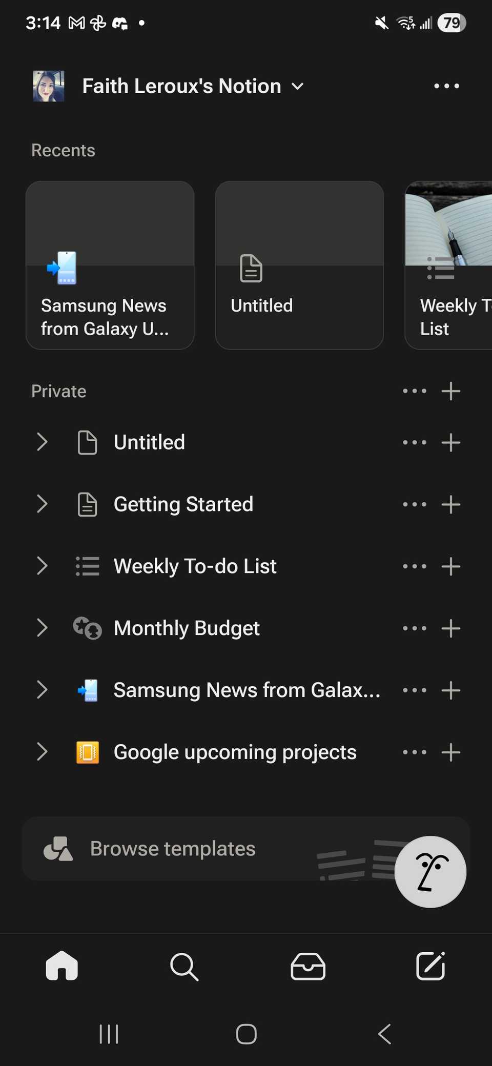 L'interfaccia utente principale di Notion sull'app mobile nella schermata iniziale dell'app