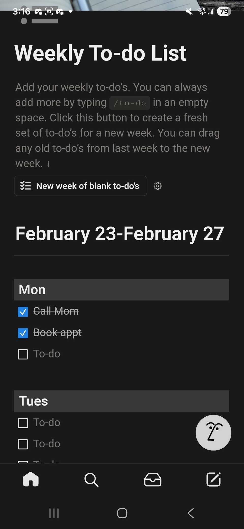 Controllo di un elenco settimanale di cose da fare in Notion sull'app mobile