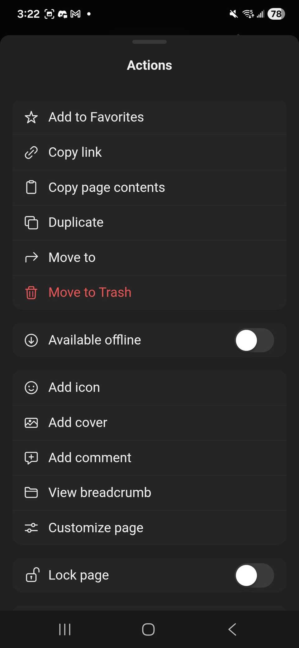 Un elenco di azioni da scorrere verso il basso nell'app mobile Notion per una pagina