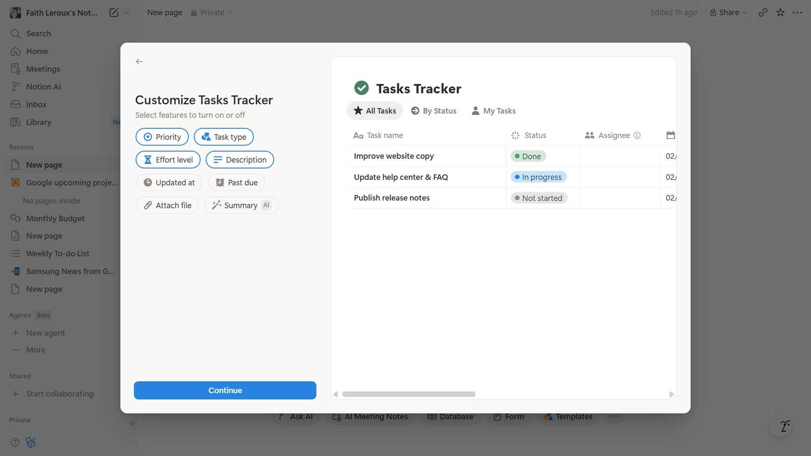 Personalizzazione di una voce del database del tracker delle attività per Notion sull'applicazione Web con un PC