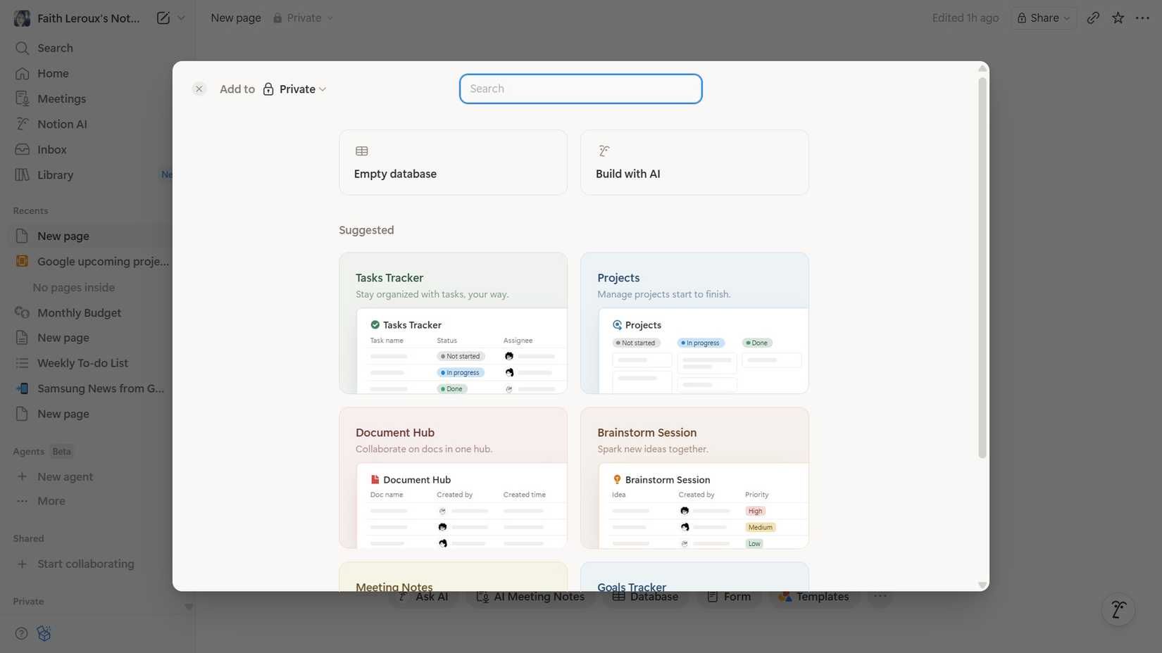 Selezione di un modello per un nuovo database nell'applicazione web Notion su un PC