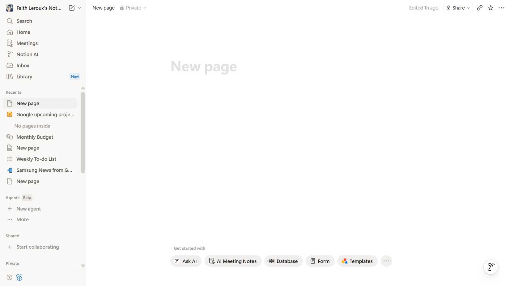 Panoramica dell'interfaccia utente della nuova pagina sull'applicazione Web Notion su un PC che mostra una pagina vuota con le opzioni Inizia con in basso al centro