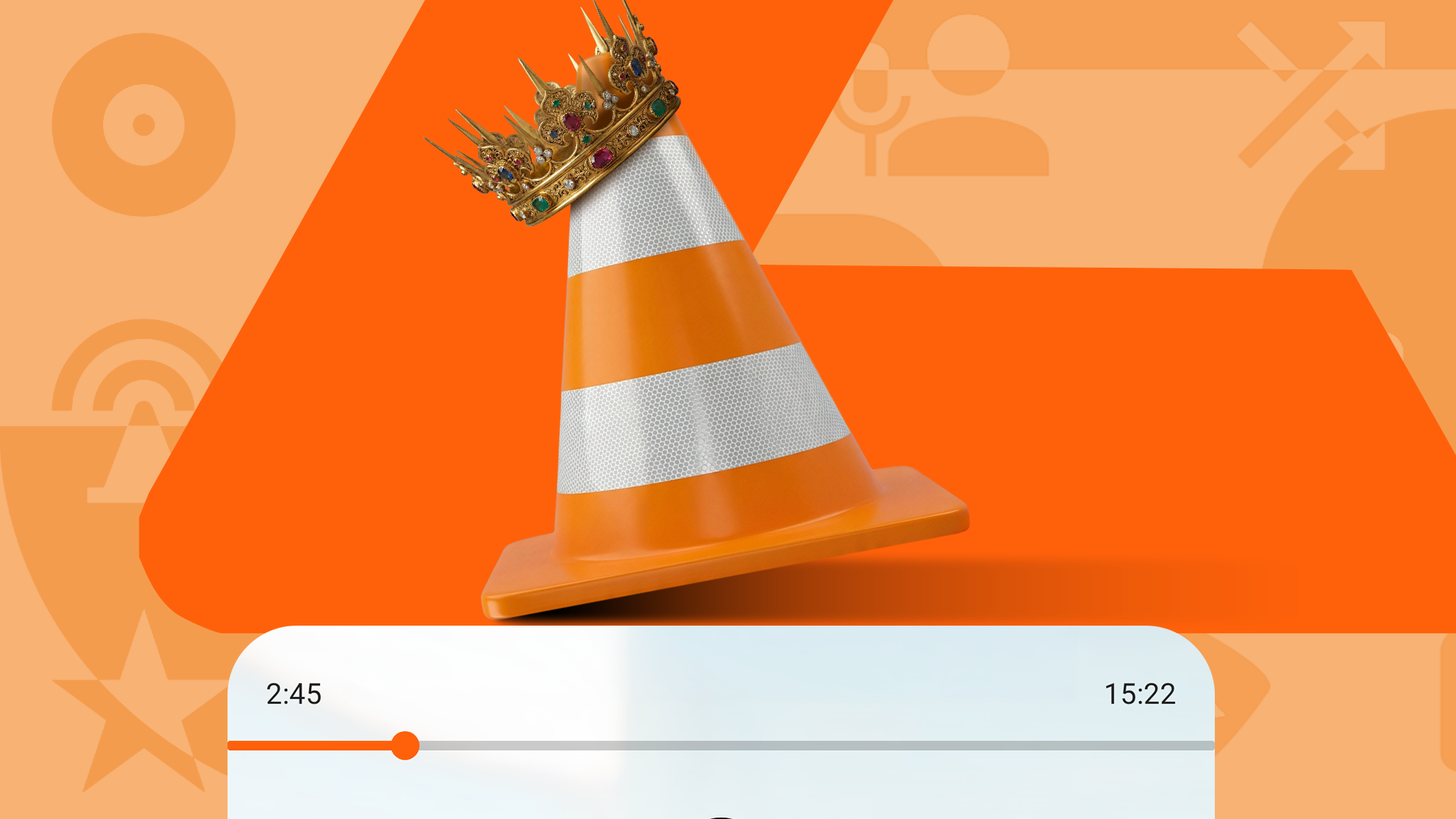 Cono stradale VLC arancione con una corona dorata sopra una barra di avanzamento della riproduzione multimediale.