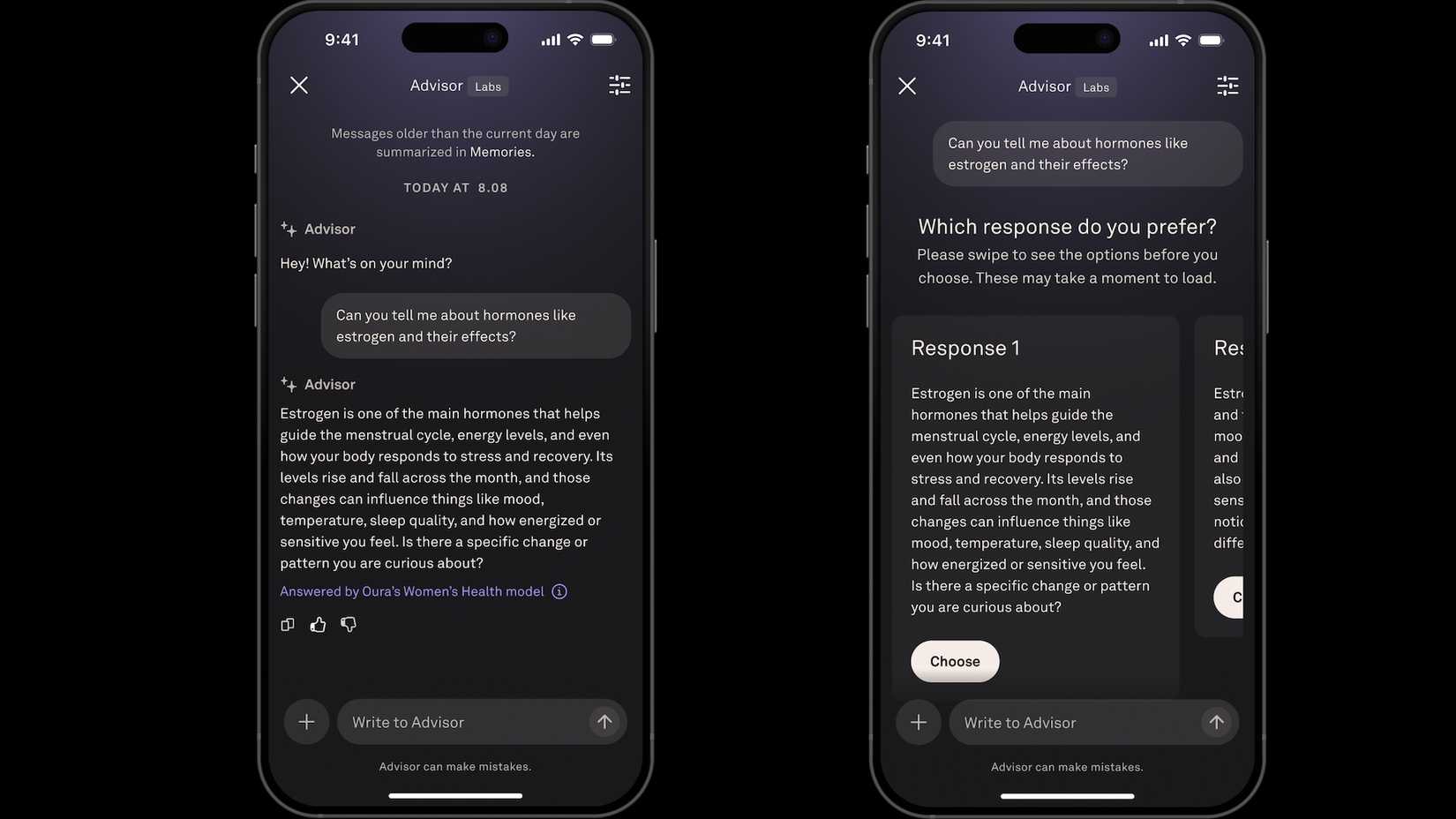 Schermate dell'app Oura che mostrano il suo nuovo modello linguistico di intelligenza artificiale per la salute delle donne