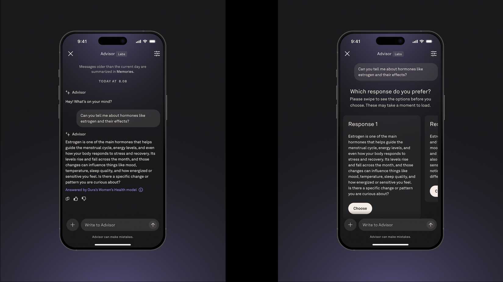 Capturas de tela do aplicativo Oura mostrando seu novo modelo de linguagem de IA para a saúde da mulher