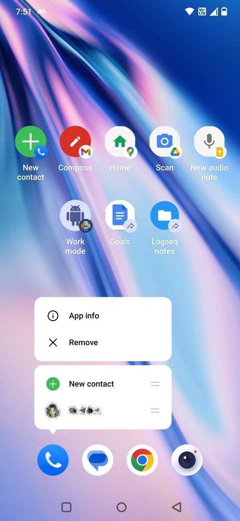 Screenshot che mostra come creare un collegamento all'app Telefono