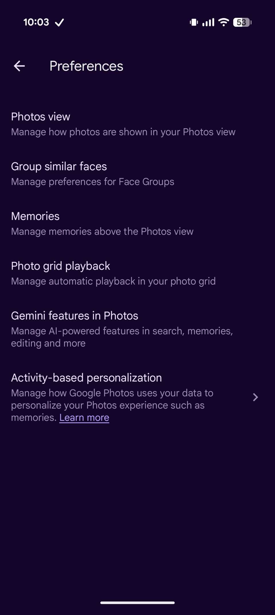 Schermata delle preferenze di Google Foto che mostra ricordi e funzionalità Gemini