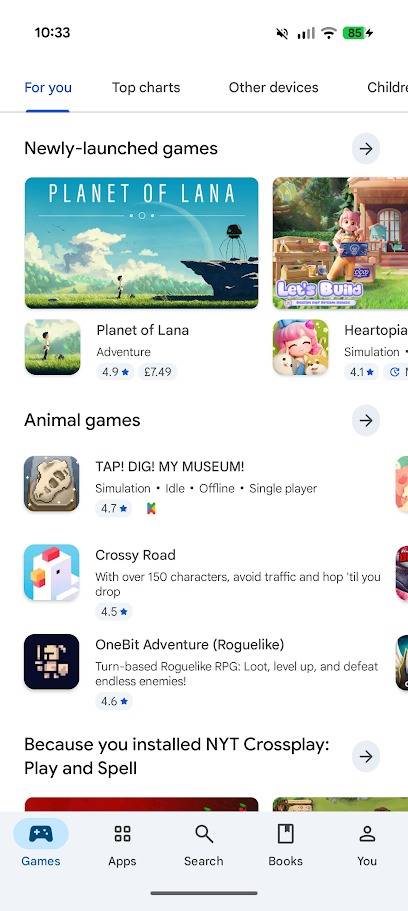 Schermata dei giochi appena lanciati del Play Store
