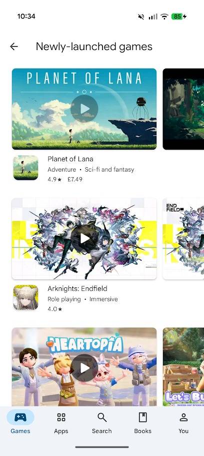 Schermata dei giochi appena lanciati del Play Store