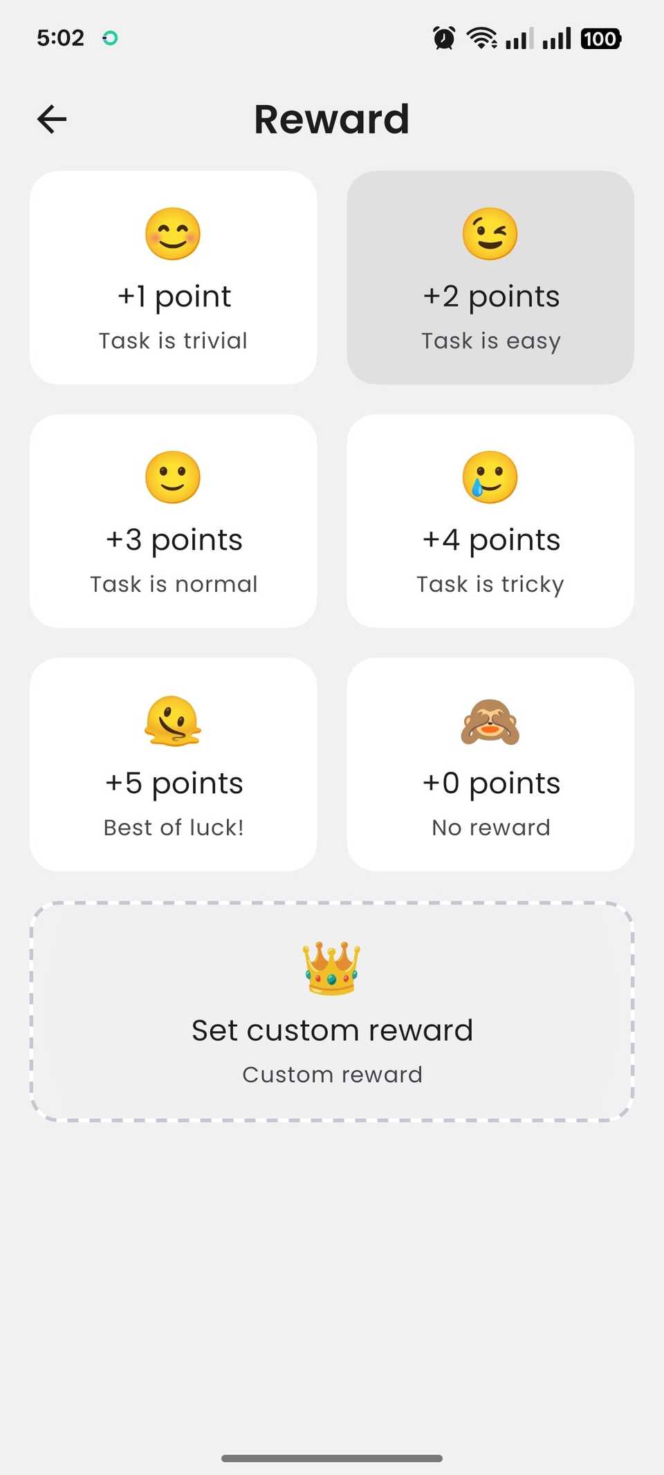 Menu ricompensa sull'app Housy che mostra diversi punti nel layout della griglia