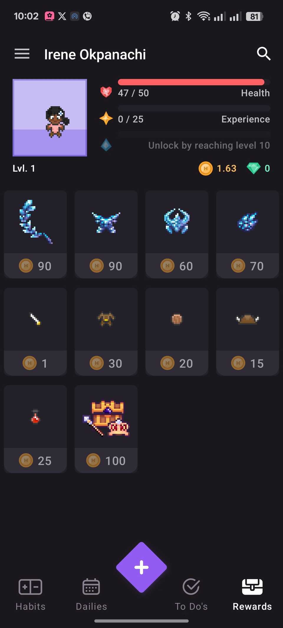Menu dei premi sull'app Habitica che mostra i personaggi animati sbloccabili
