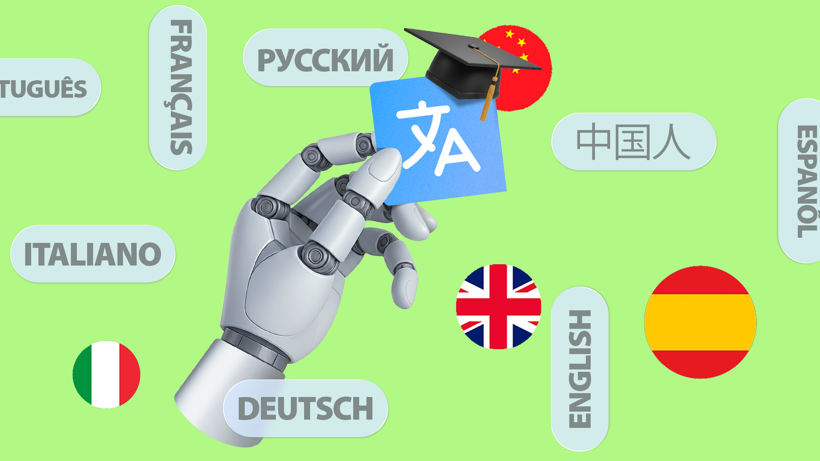 Robotic hand holding a translation icon surrounded by floating language names and flags