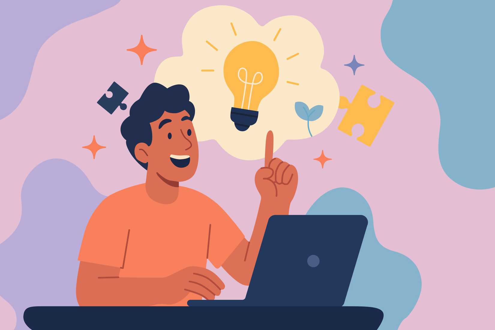 An illustration of a man sitting at a laptop with a lightbulb and puzzle pieces overhead