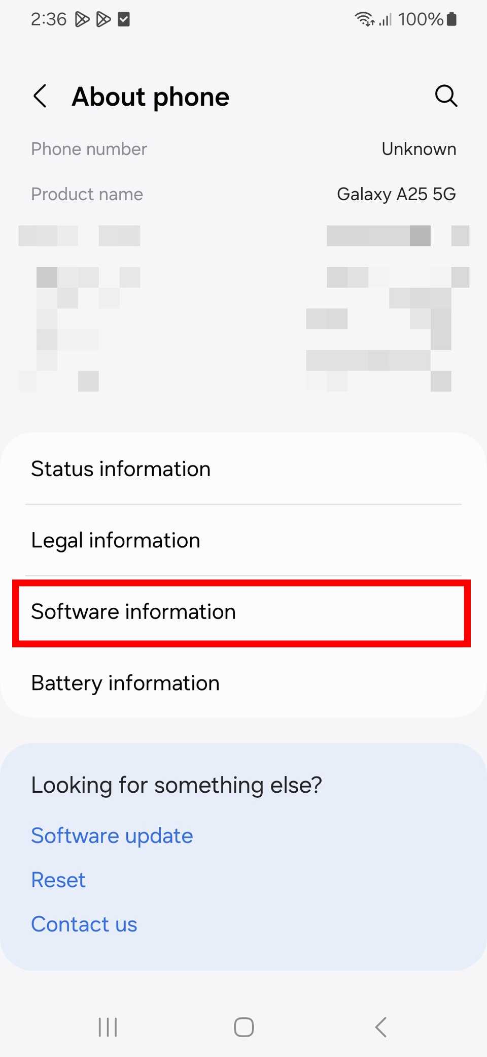 Contorno del rettangolo rosso sopra le informazioni sul software su un telefono Galaxy