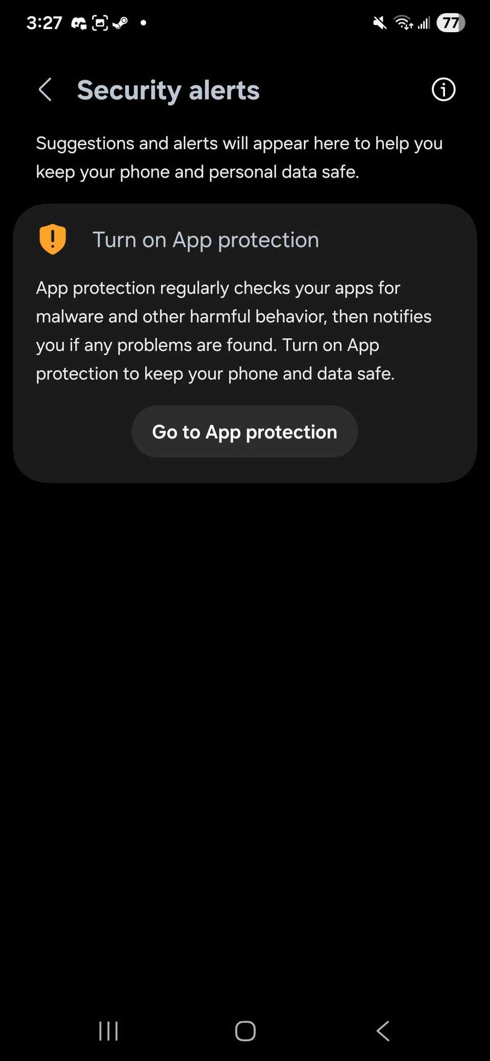 Sezione Avvisi di sicurezza per abilitare la protezione delle app su un dispositivo Galaxy