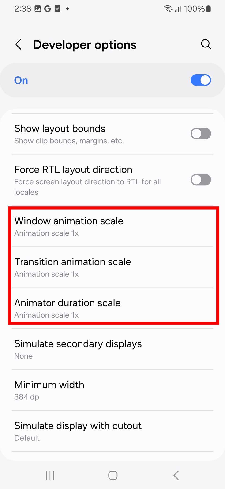 Contorno rettangolare rosso che evidenzia tre opzioni nelle opzioni sviluppatore 