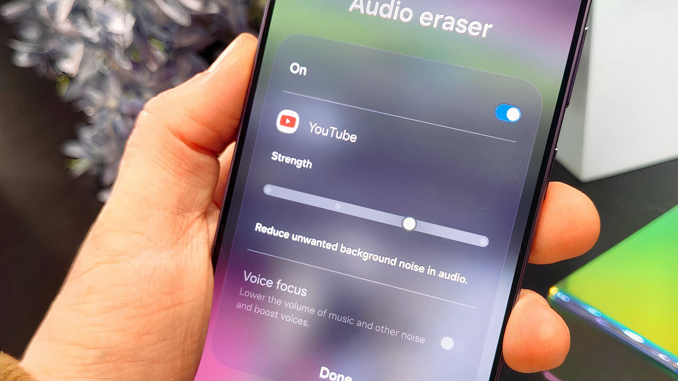 Samsung Galaxy S26 Ultra phone showing the strength of Audio Eraser in removing background noise