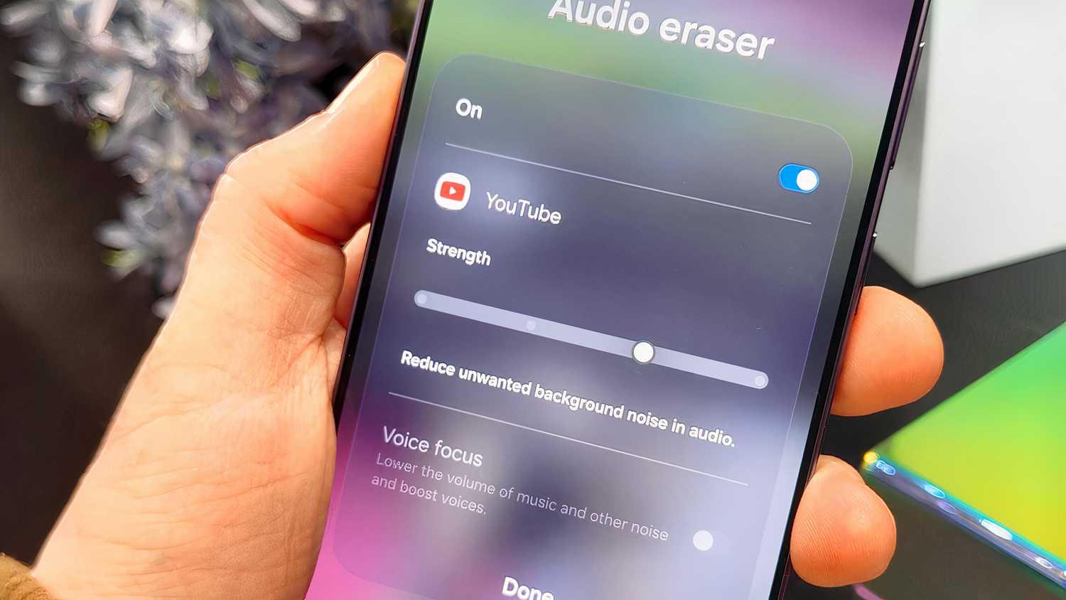 Samsung Galaxy S26 Ultra phone showing the strength of Audio Eraser in removing background noise