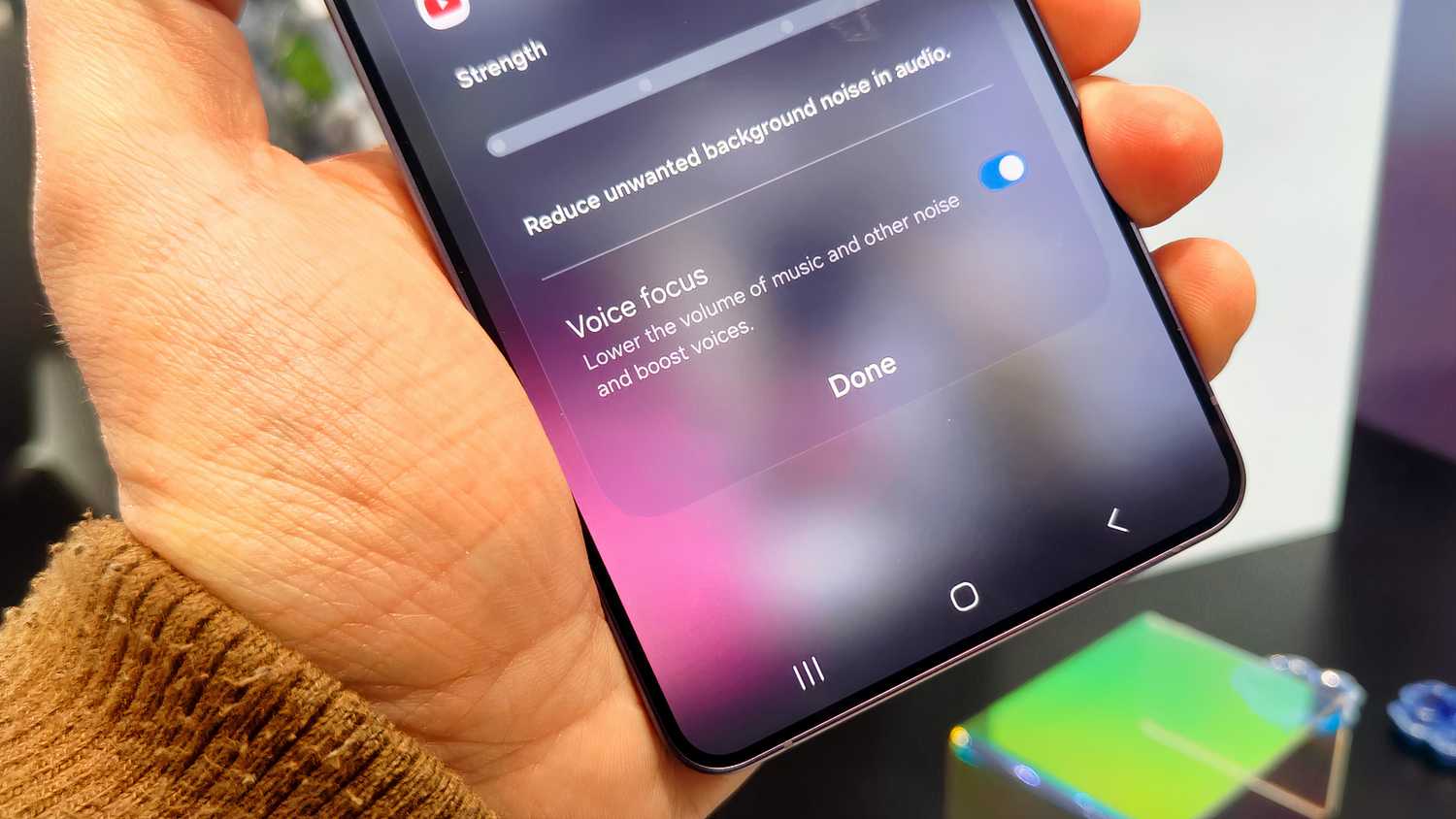 Samsung Galaxy S26 Ultra phone showing the Voice focus toggle switch