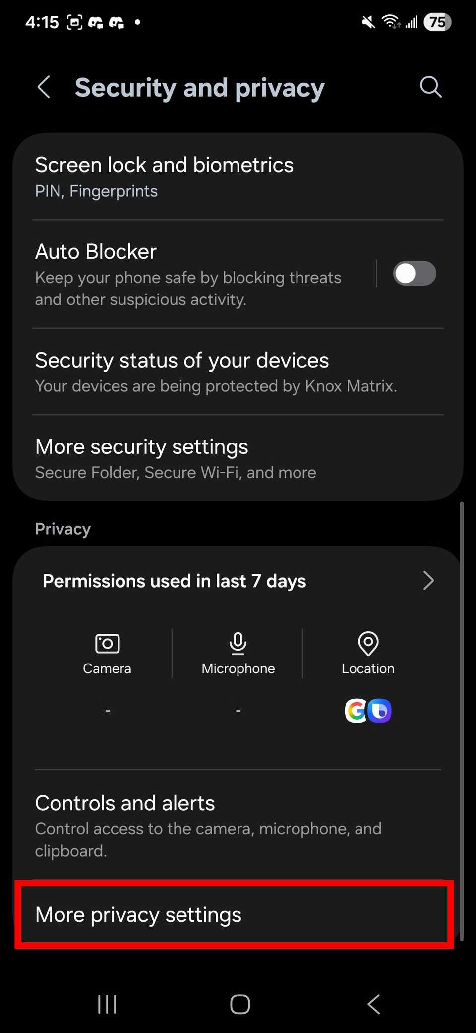 Contorno del rettangolo rosso che evidenzia Altre impostazioni sulla privacy in Sicurezza e privacy su Samsung