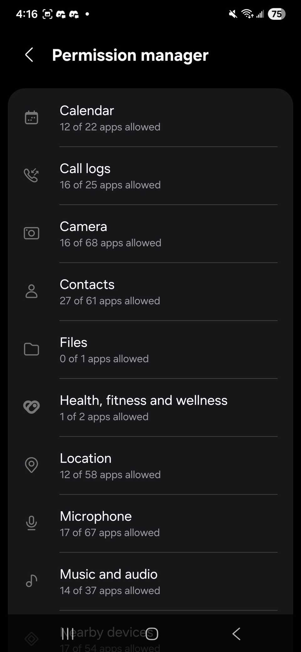 Un elenco di autorizzazioni nella Gestione autorizzazioni su un Samsung Galaxy