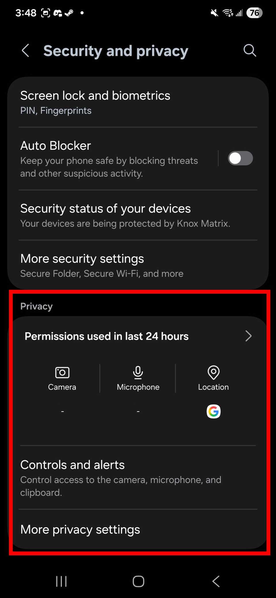 Contorno del rettangolo rosso che evidenzia la sezione del dashboard Privacy nelle impostazioni di sicurezza e privacy su Samsung
