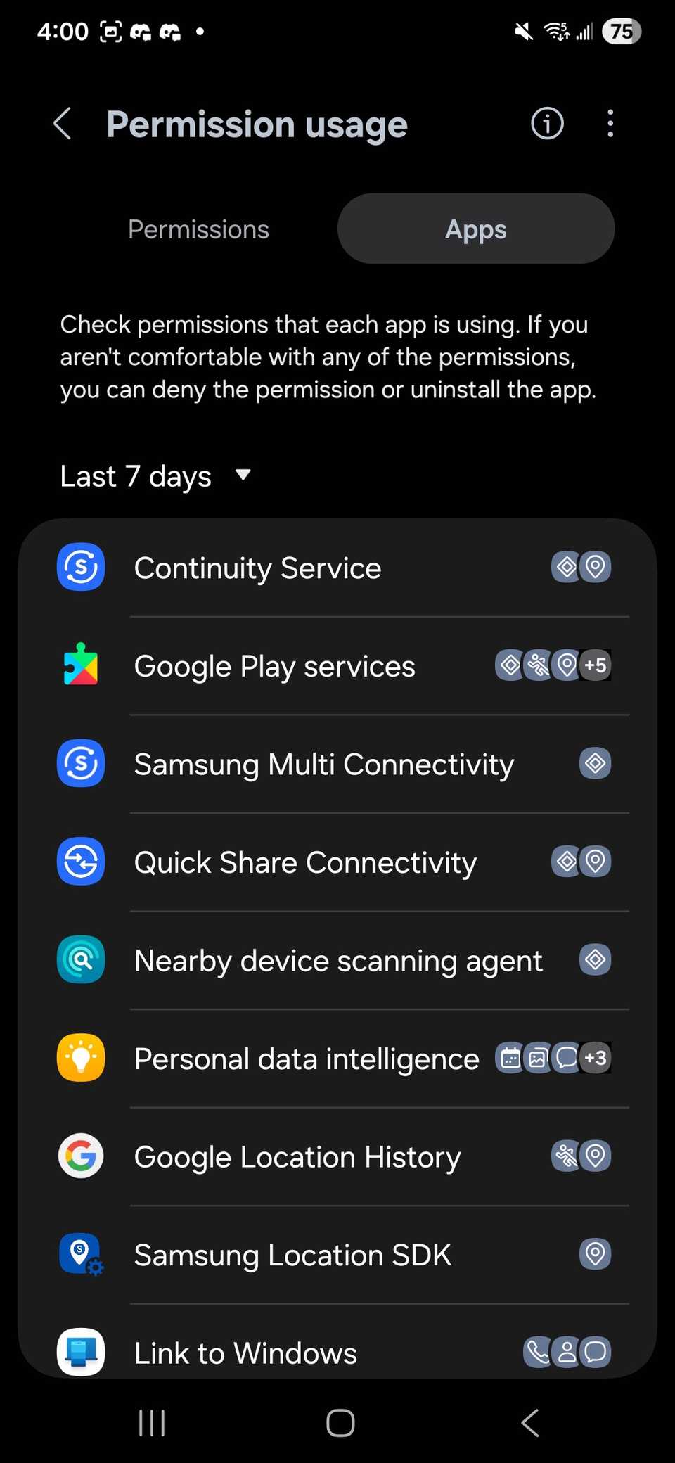 Un elenco di app e servizi, incluse le app di sistema che hanno utilizzato le autorizzazioni negli ultimi 7 giorni su Samsung Galaxy S25+